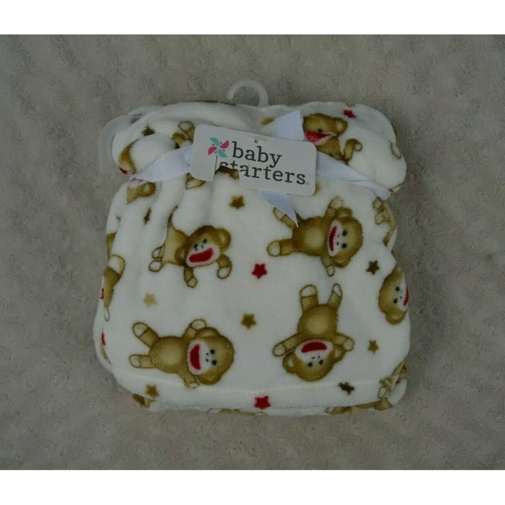 Baby Starters Sock Monkey Baby Blanket Stars Red Brown Tan Cream Off White Soft